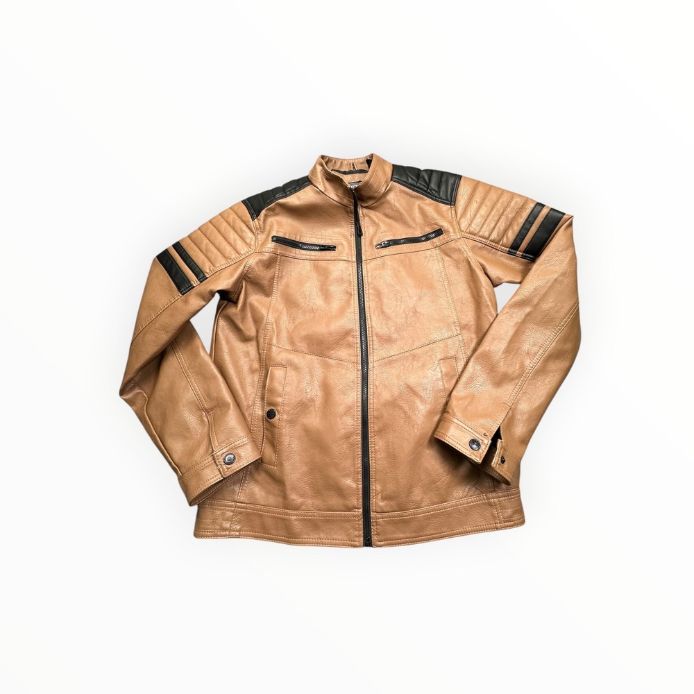Distortion Racer Jacket Mens Large Tan Faux Leather Moto Biker‎ Quilted Pockets